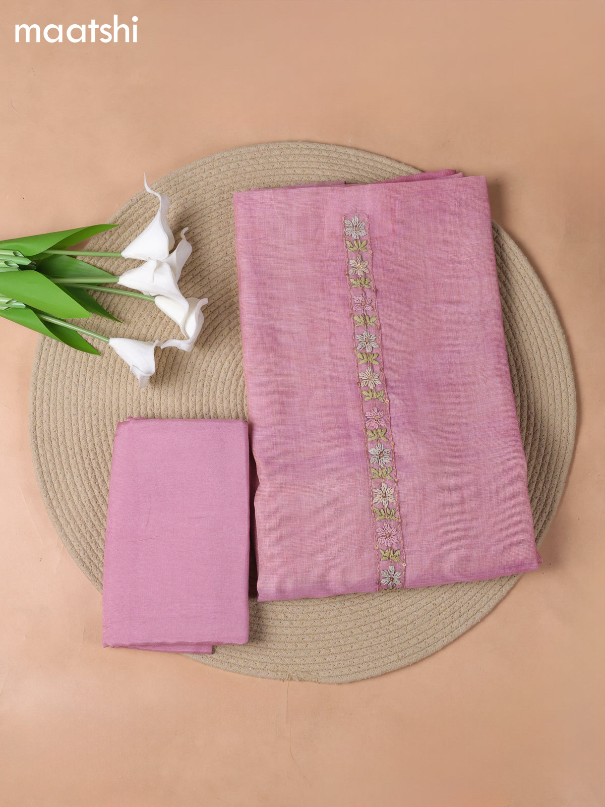 Pink Tissue Linen Dress Material With Embroidery Work Neck Pattern