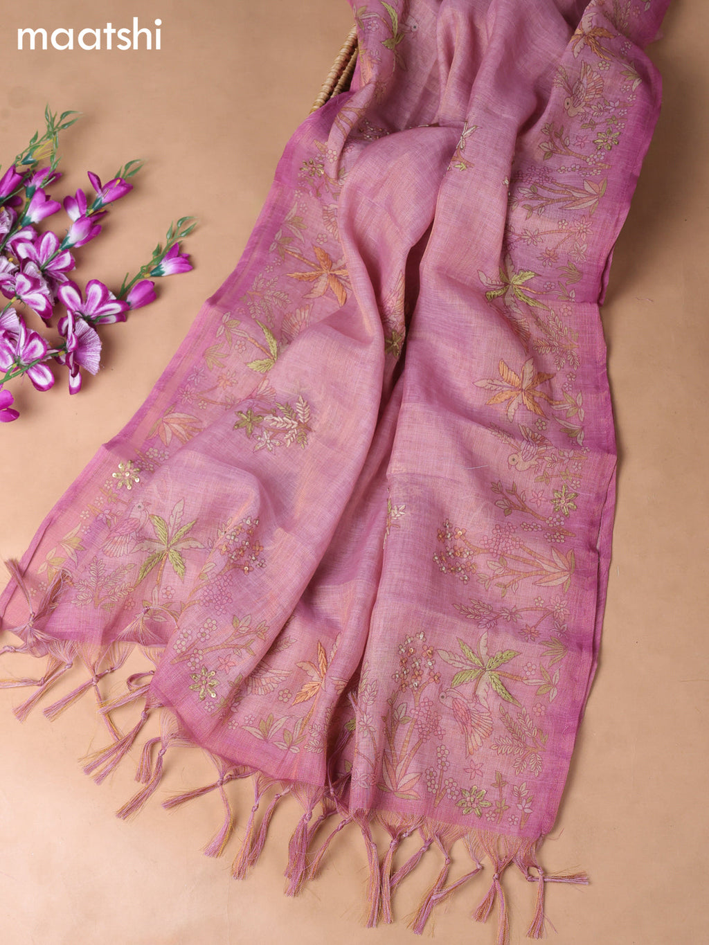 Pink Tissue Linen Dress Material With Embroidery Work Neck Pattern