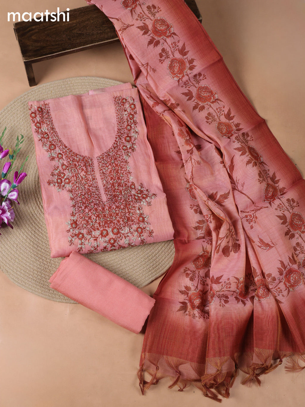 Pink Tissue Dress Material With Embroidery Work Neck Pattern