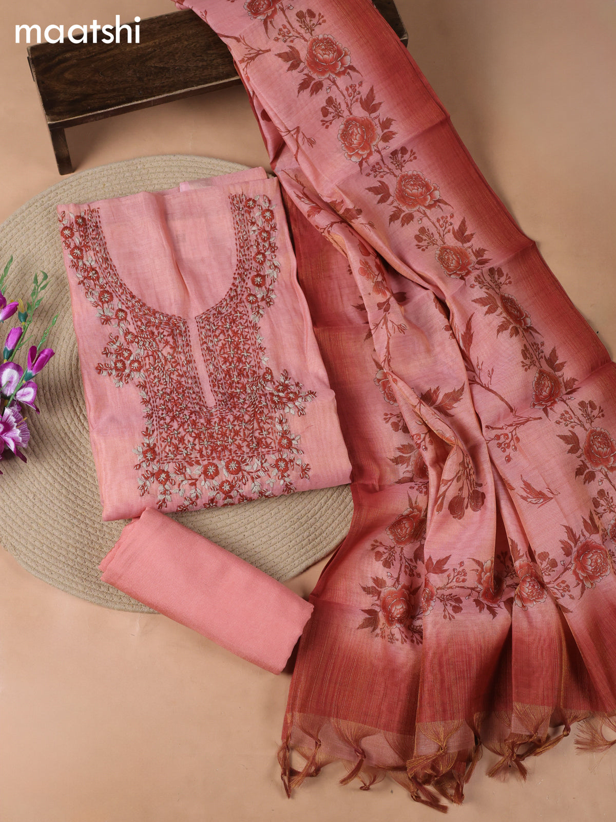 Pink Tissue Dress Material With Embroidery Work Neck Pattern