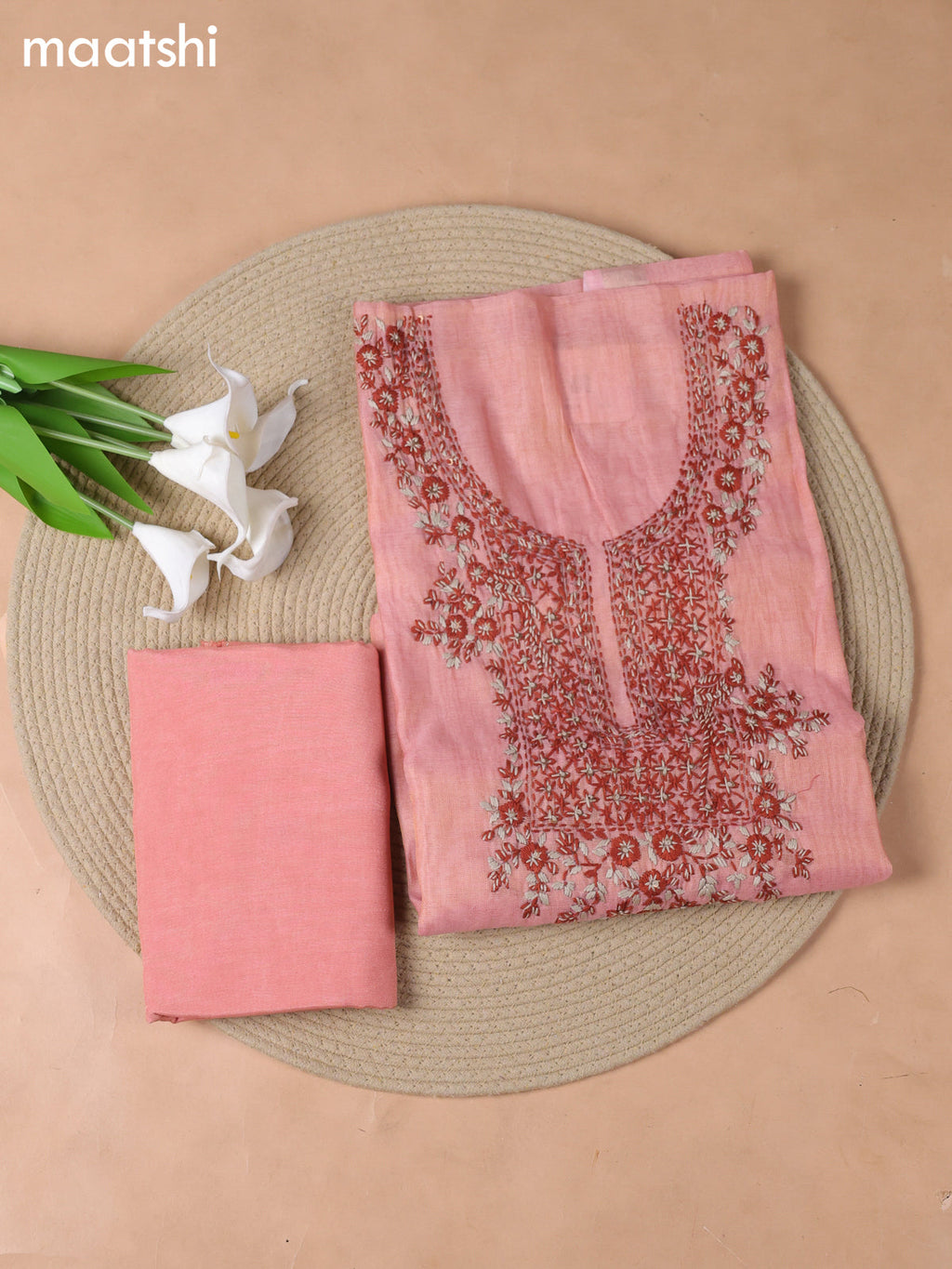 Pink Tissue Dress Material With Embroidery Work Neck Pattern