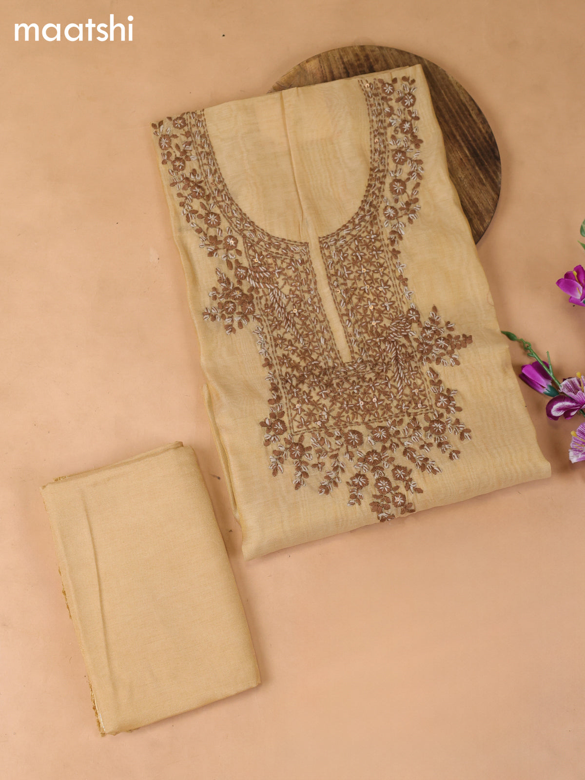Sandal Tissue Dress Material With Embroidery Work Neck Pattern