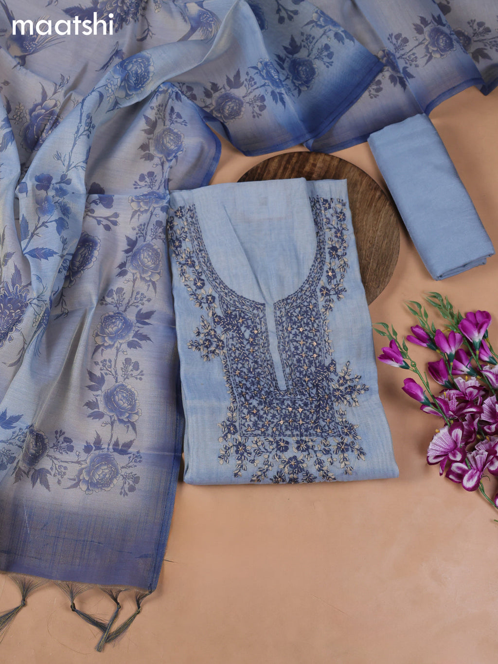 Blue Tissue Dress Material With Embroidery Work Neck Pattern
