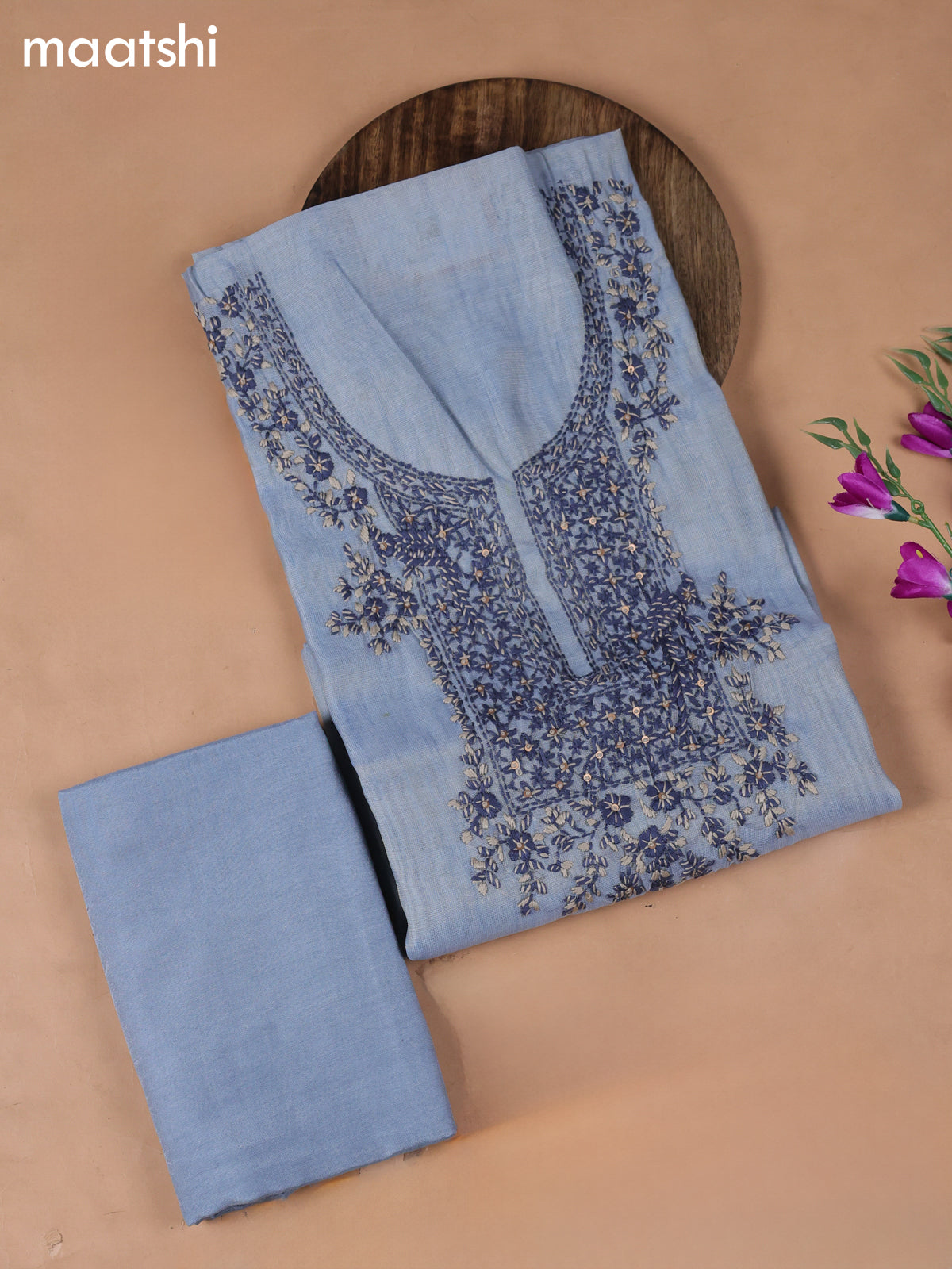 Blue Tissue Dress Material With Embroidery Work Neck Pattern