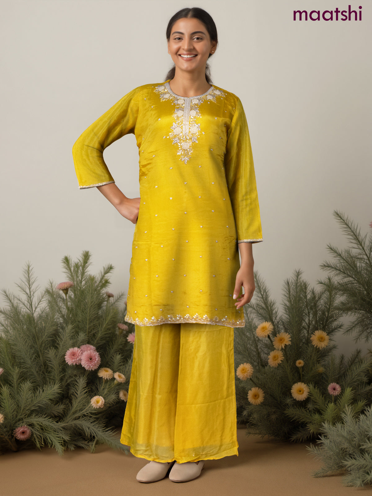 Party wear salwar suit yellow with sequin & beaded work neck pattern and palazzo pant & chiffon dupatta