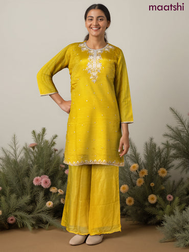 Party wear salwar suit yellow with sequin & beaded work neck pattern and palazzo pant & chiffon dupatta