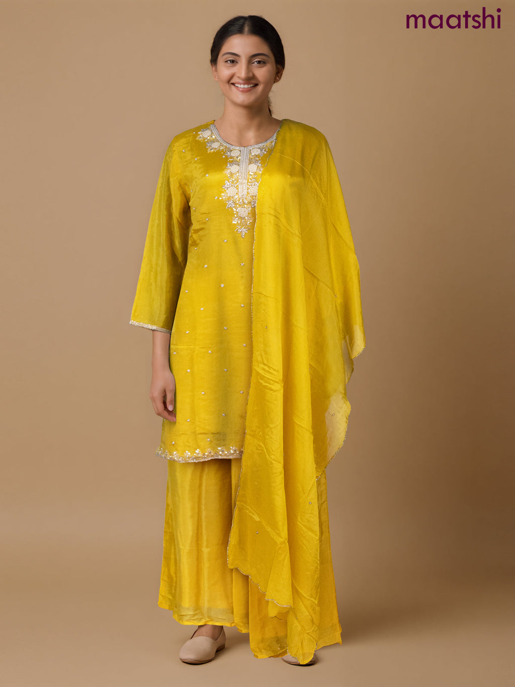 Party wear salwar suit yellow with sequin & beaded work neck pattern and palazzo pant & chiffon dupatta