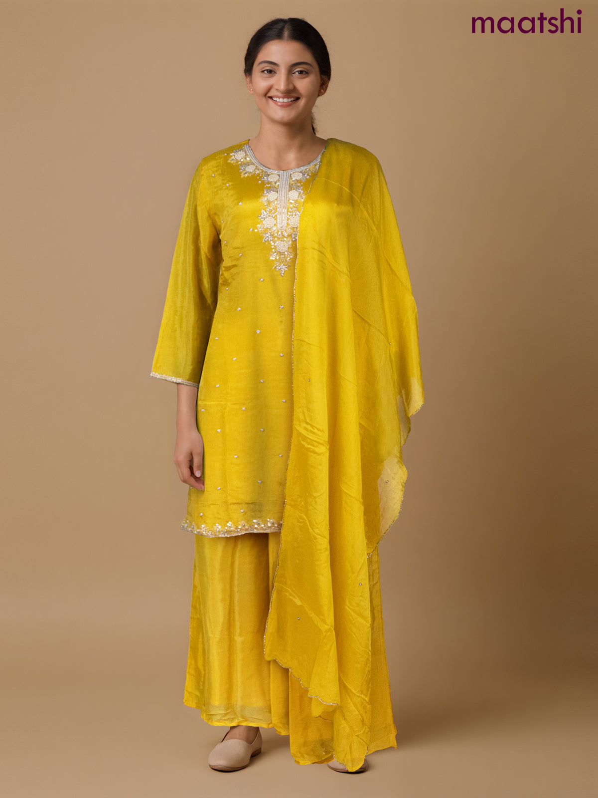 Party wear salwar suit yellow with sequin & beaded work neck pattern and palazzo pant & chiffon dupatta