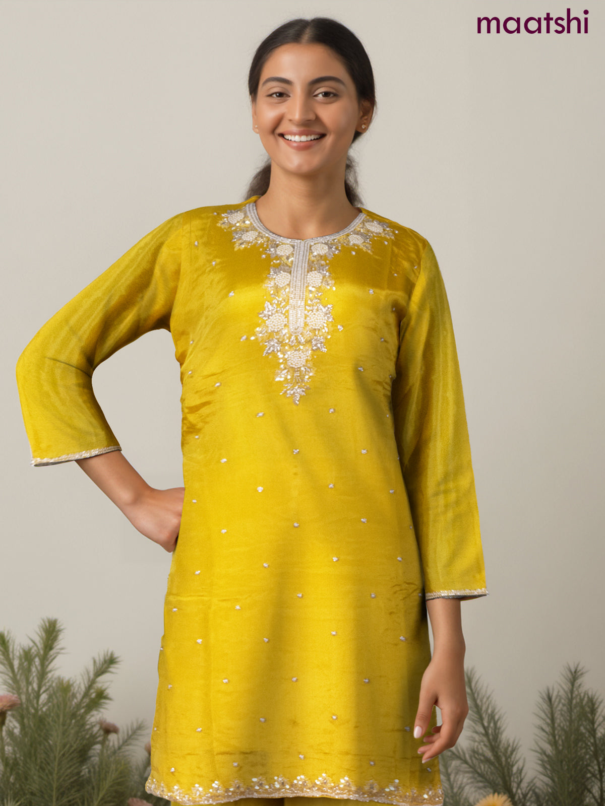 Party wear salwar suit yellow with sequin & beaded work neck pattern and palazzo pant & chiffon dupatta