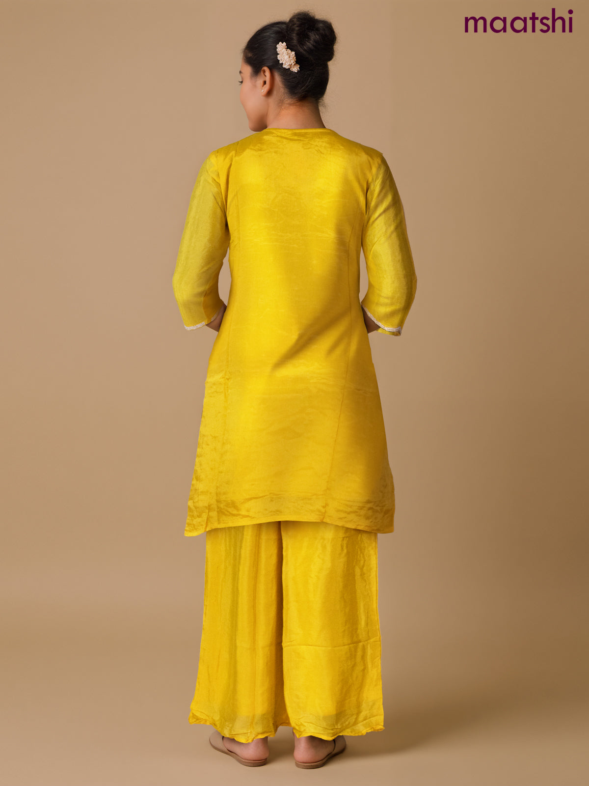 Party wear salwar suit yellow with sequin & beaded work neck pattern and palazzo pant & chiffon dupatta