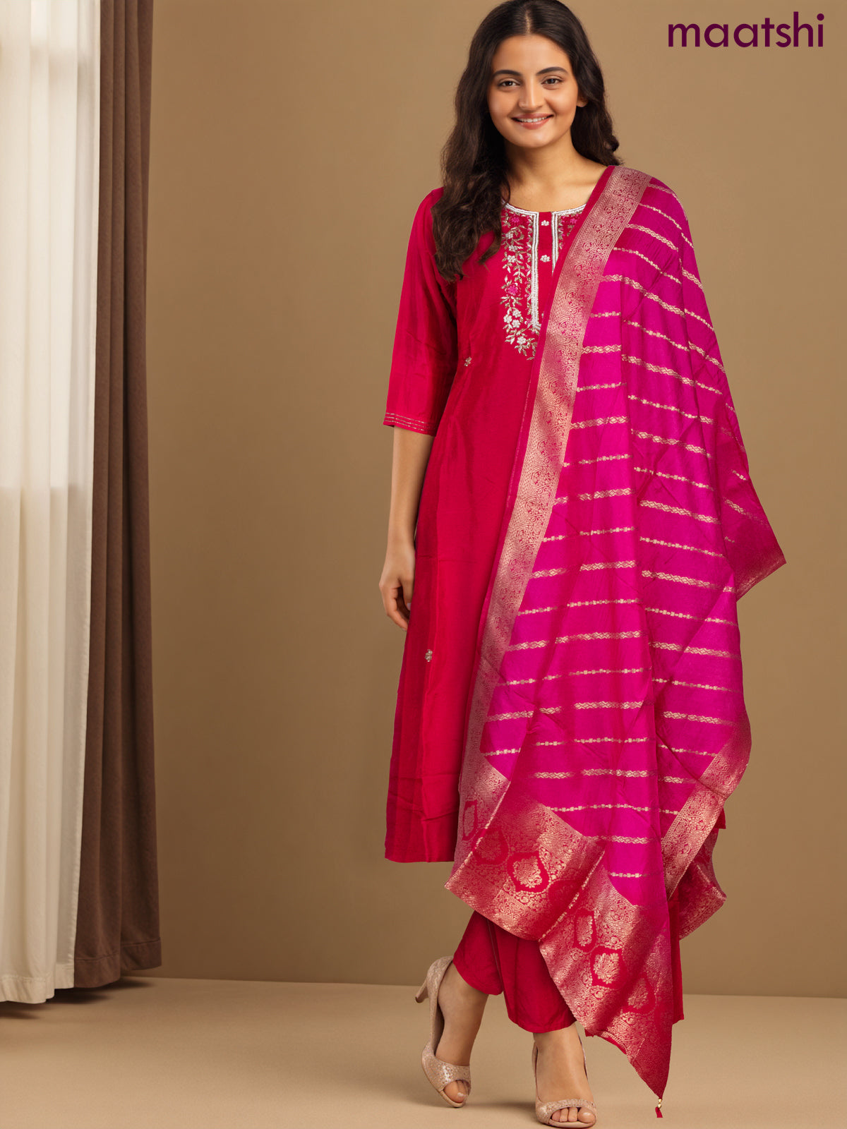 Party wear salwar suit pink with zardosi work neck pattern and straight cut pant & banarasi dupatta