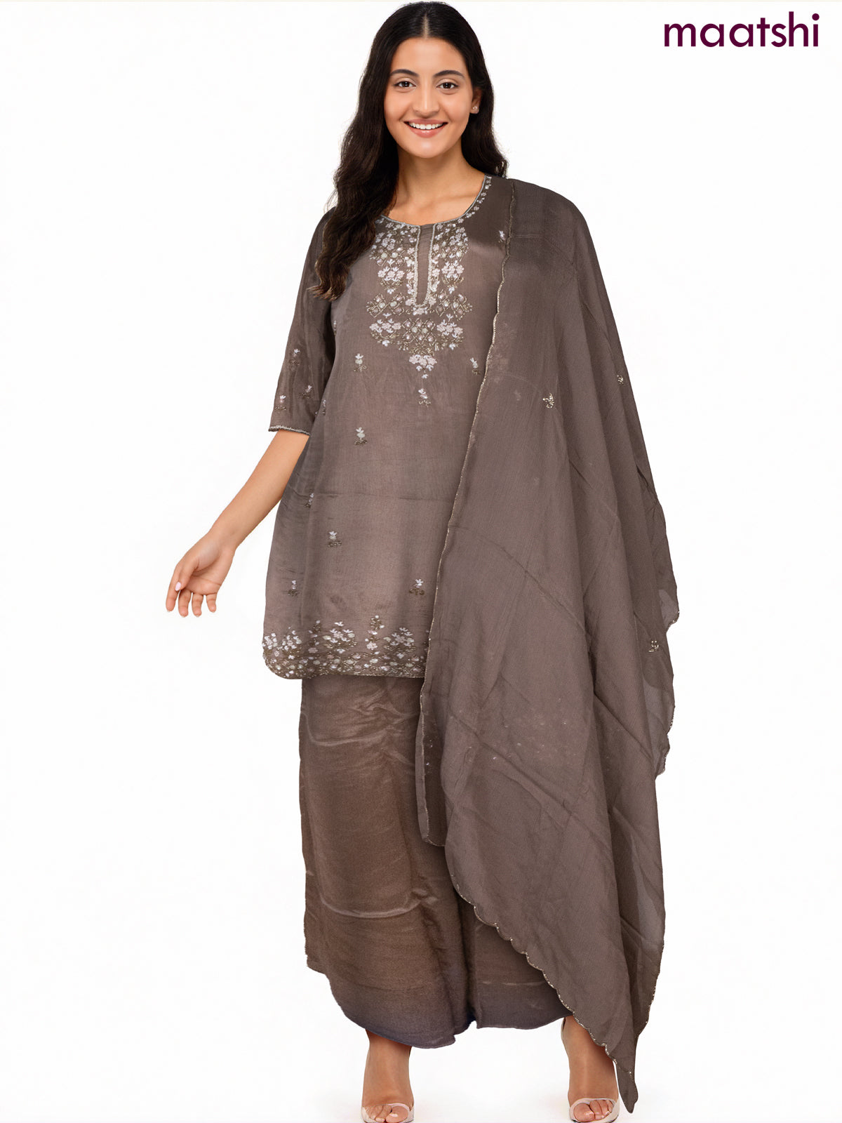 Party wear salwar suit pastel brown with sequin & beaded work neck pattern and palazzo pant & dupatta