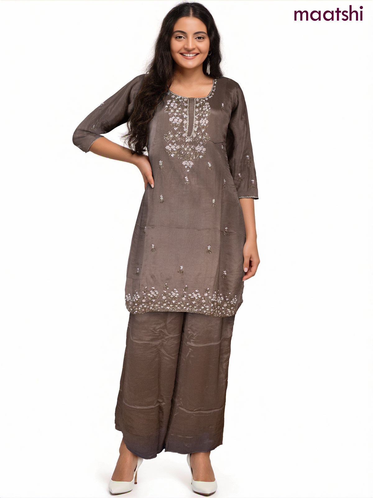 Party wear salwar suit pastel brown with sequin & beaded work neck pattern and palazzo pant & dupatta