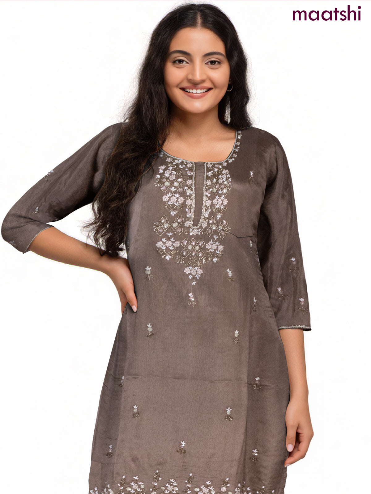 Party wear salwar suit pastel brown with sequin & beaded work neck pattern and palazzo pant & dupatta