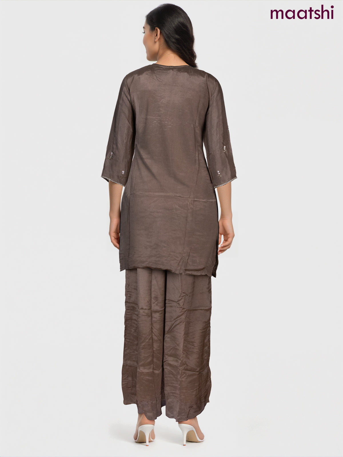Party wear salwar suit pastel brown with sequin & beaded work neck pattern and palazzo pant & dupatta