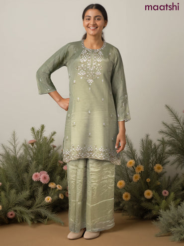 Party wear salwar suit elaichi green with sequin & beaded work neck pattern and palazzo pant & dupatta