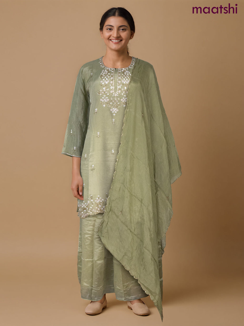 Party wear salwar suit elaichi green with sequin & beaded work neck pattern and palazzo pant & dupatta