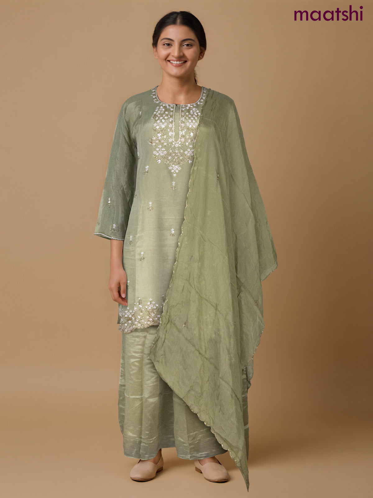 Party wear salwar suit elaichi green with sequin & beaded work neck pattern and palazzo pant & dupatta