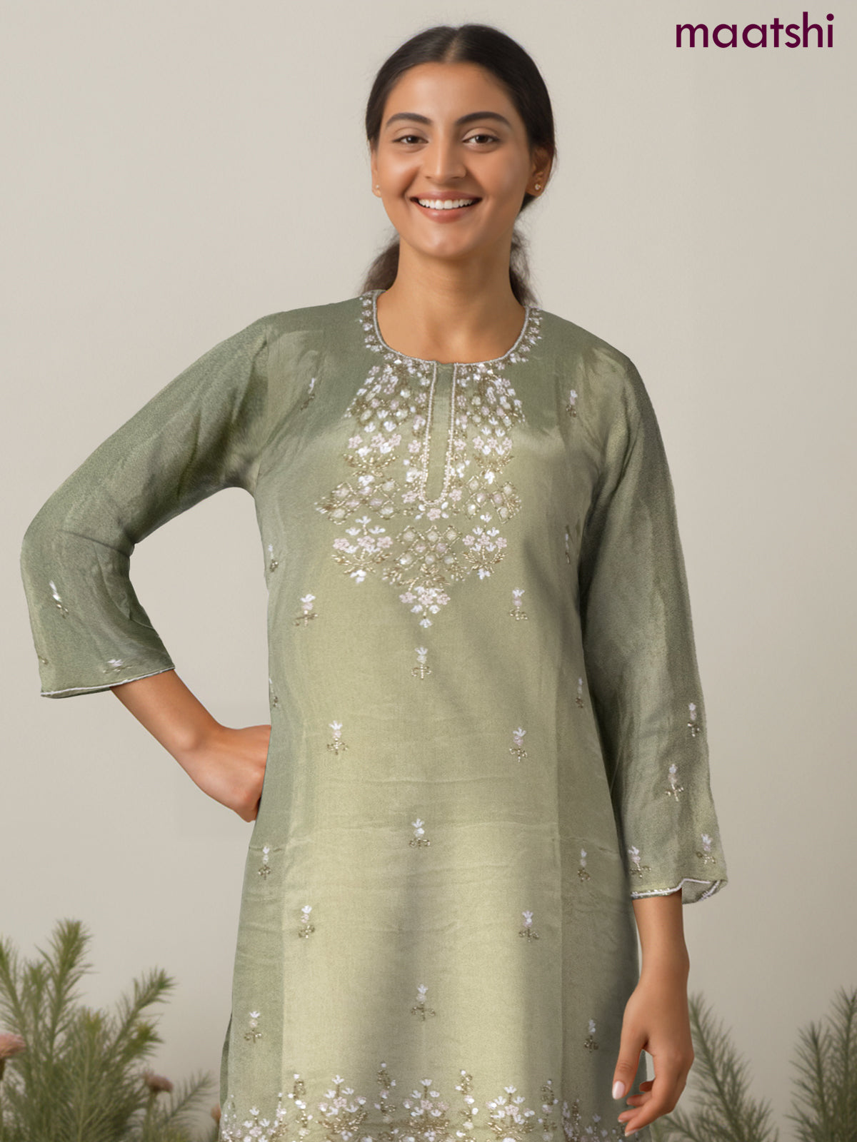Party wear salwar suit elaichi green with sequin & beaded work neck pattern and palazzo pant & dupatta
