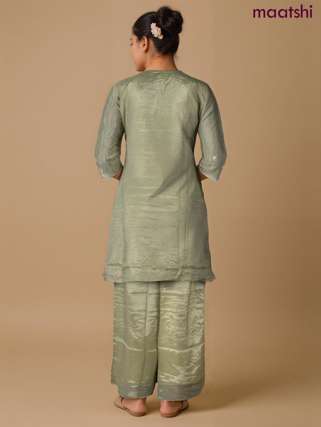 Party wear salwar suit elaichi green with sequin & beaded work neck pattern and palazzo pant & dupatta