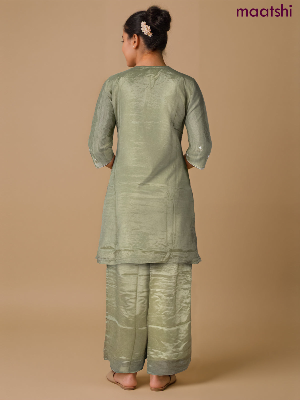 Party wear salwar suit elaichi green with sequin & beaded work neck pattern and palazzo pant & dupatta