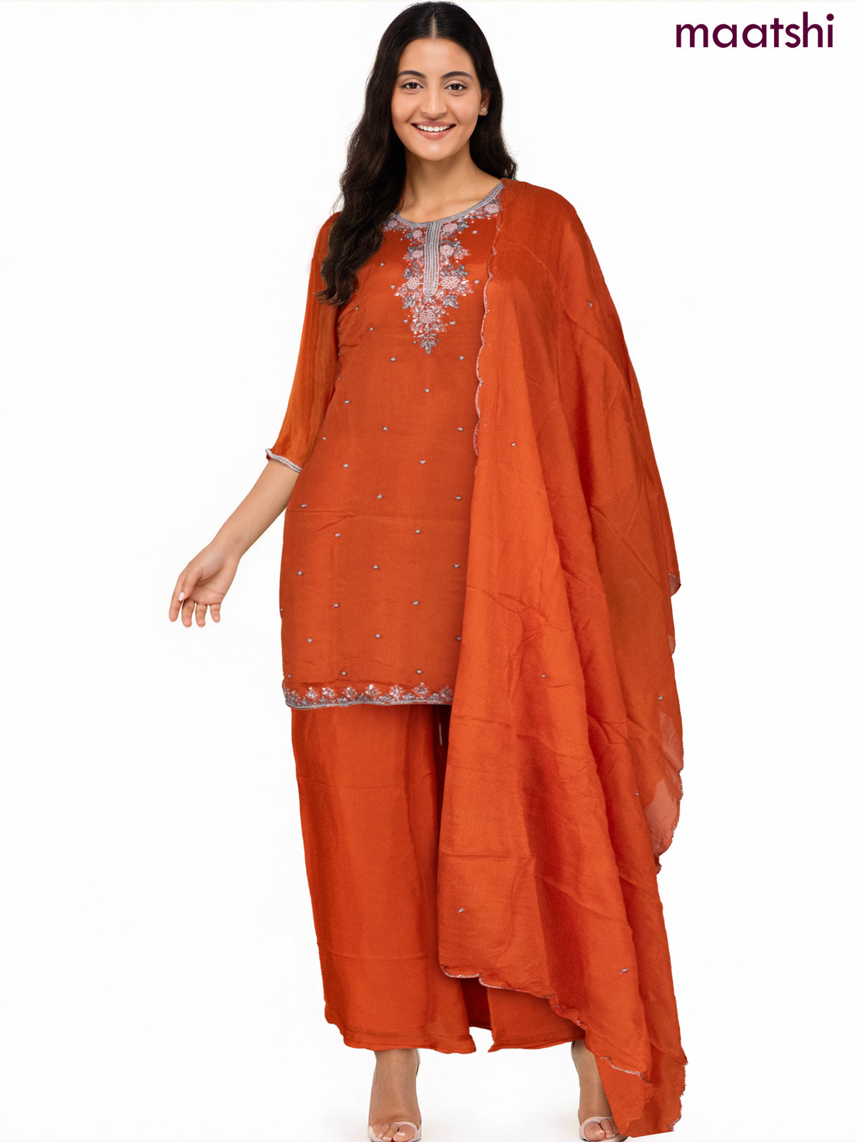 Party wear salwar suit orange with sequin & beaded work neck pattern and palazzo pant & chiffon dupatta