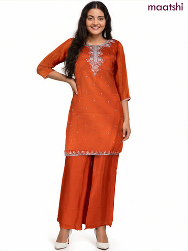 Party wear salwar suit orange with sequin & beaded work neck pattern and palazzo pant & chiffon dupatta