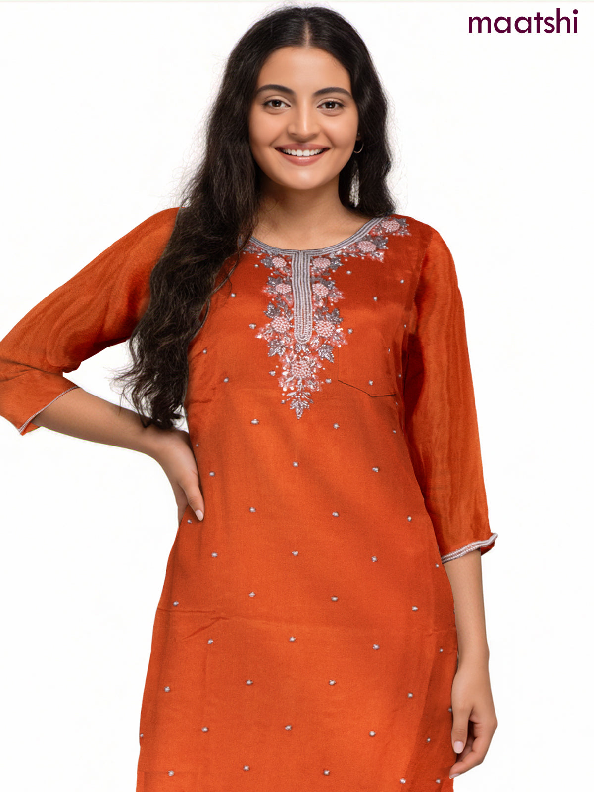 Party wear salwar suit orange with sequin & beaded work neck pattern and palazzo pant & chiffon dupatta