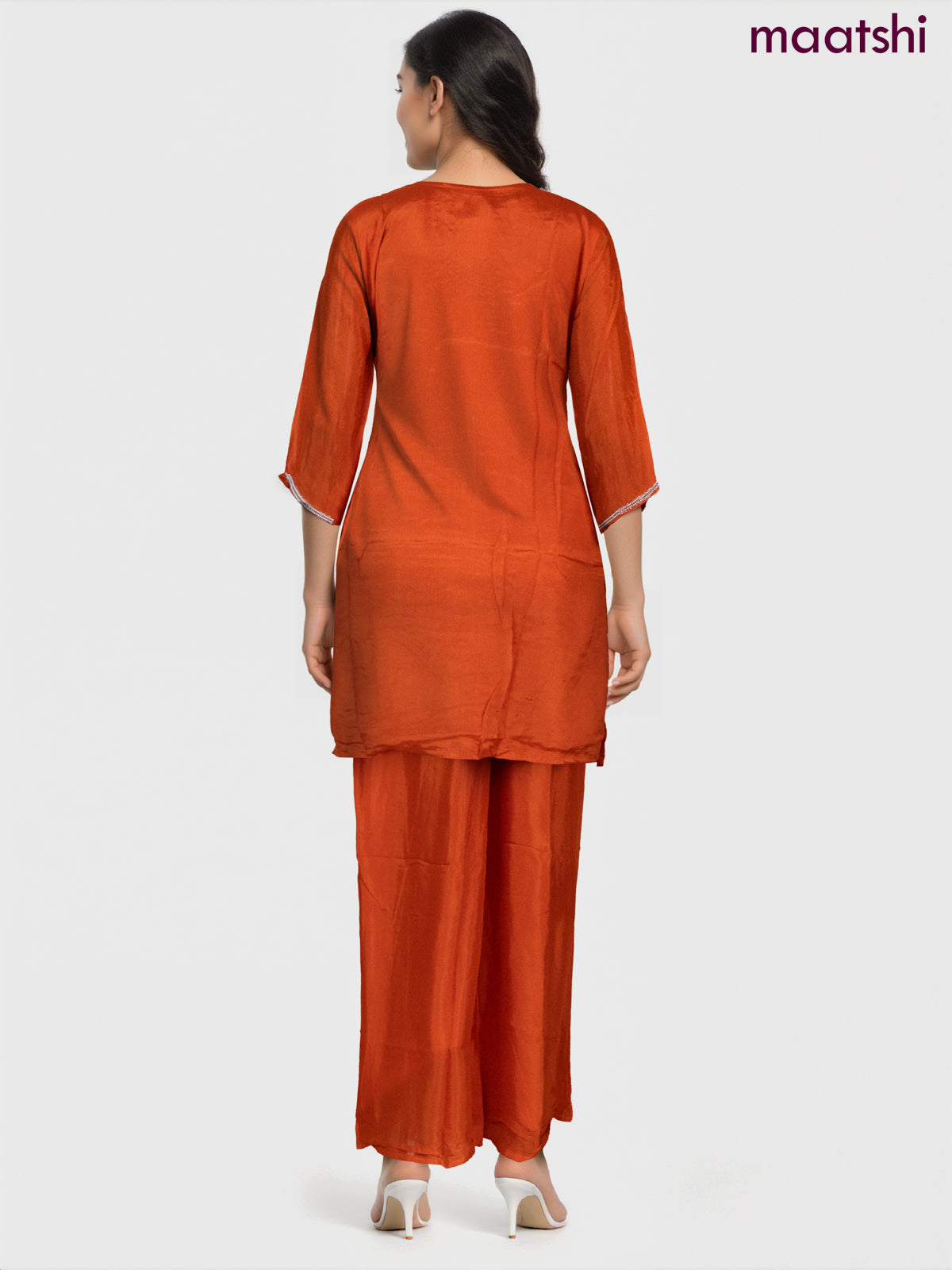 Party wear salwar suit orange with sequin & beaded work neck pattern and palazzo pant & chiffon dupatta