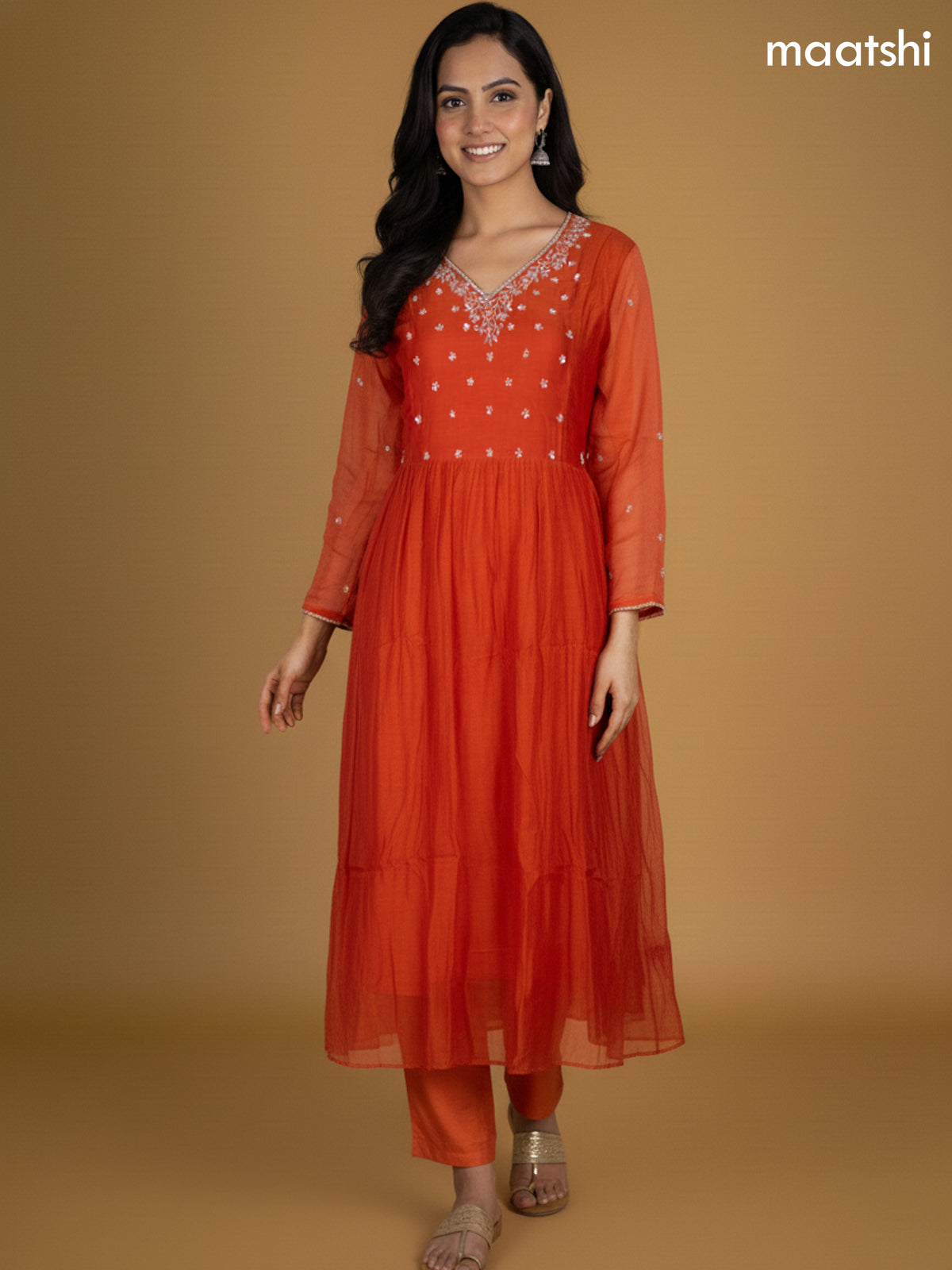 Orange Mul Chanderi Embroidery Work Anarkali Suit