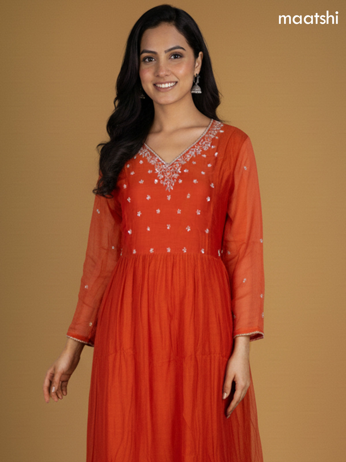 Orange Mul Chanderi Embroidery Work Anarkali Suit