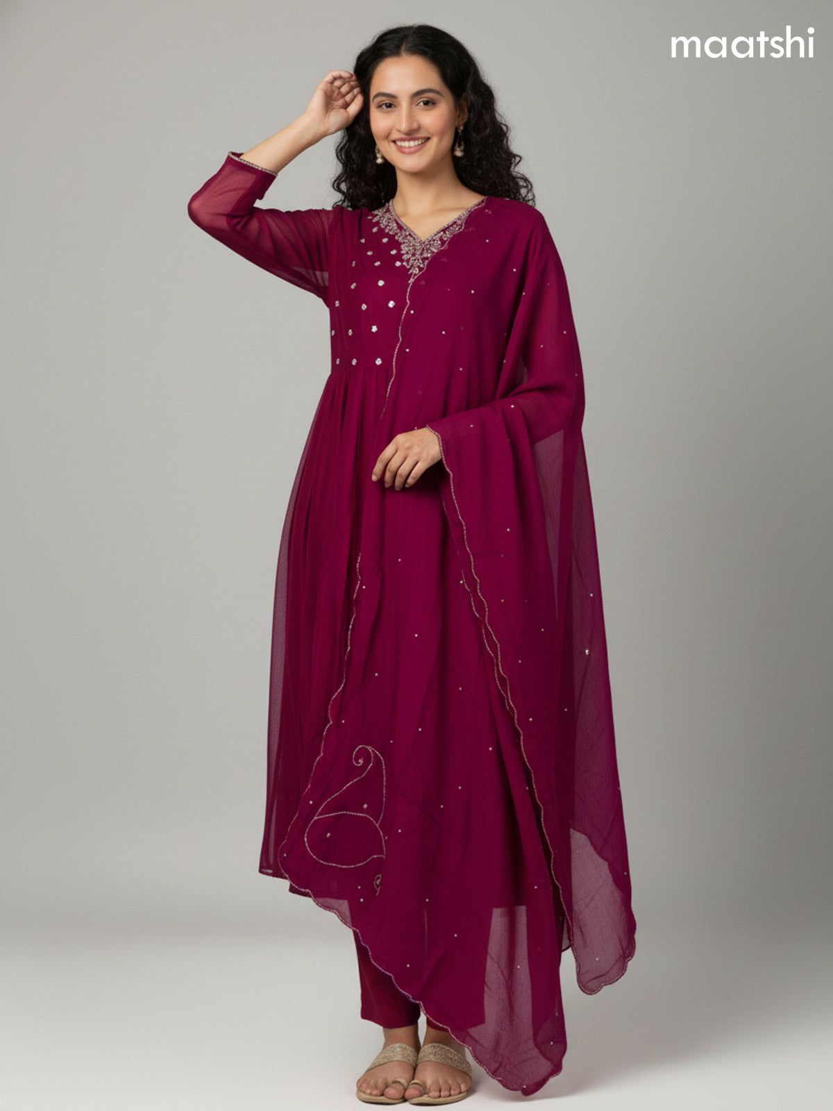 Dark Magenta Mul Chanderi Embroidery Work Anarkali Suit