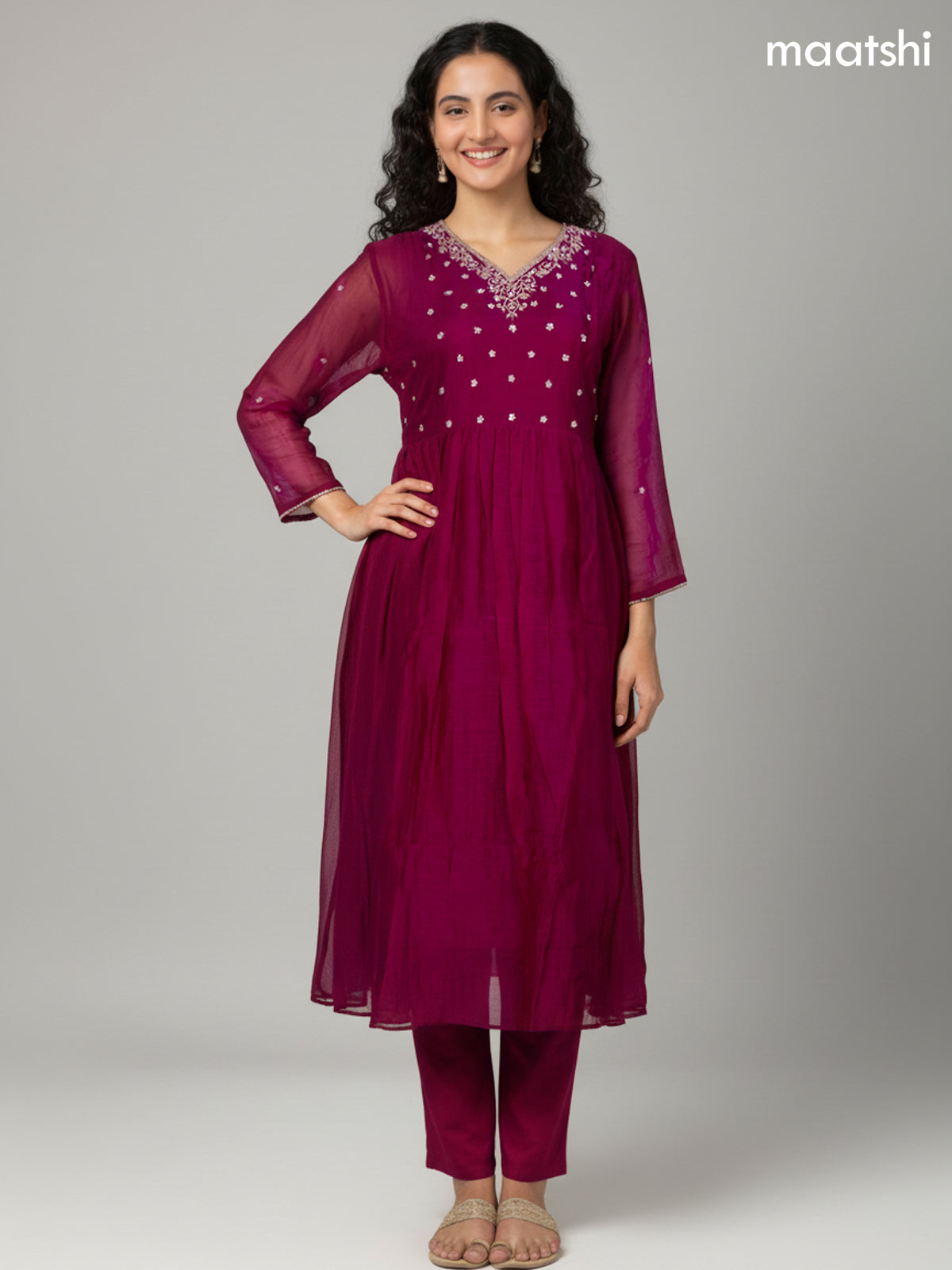 Dark Magenta Mul Chanderi Embroidery Work Anarkali Suit