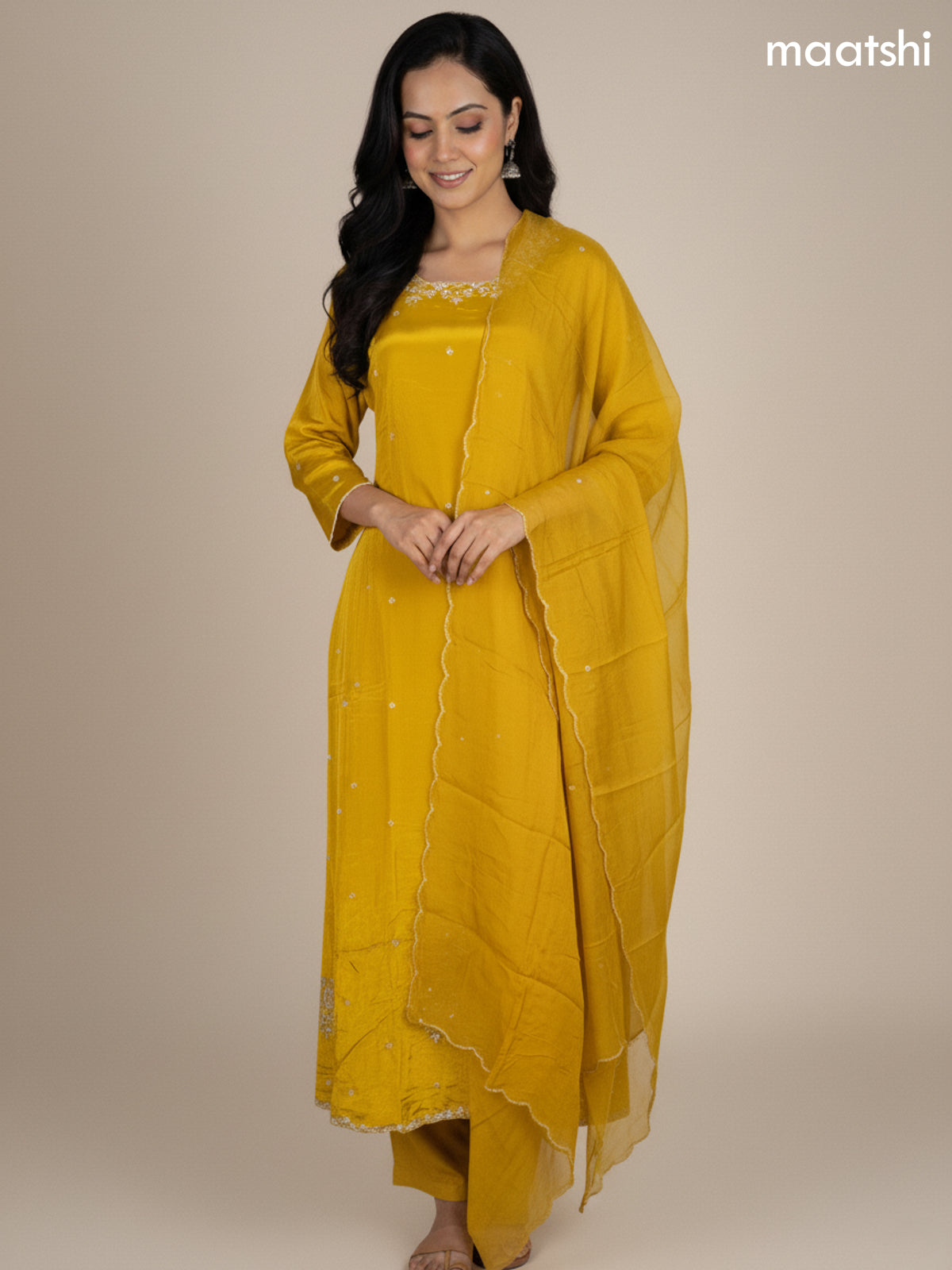Mustard Yellow Crepe Silk Embroidery Work Anarkali Suit
