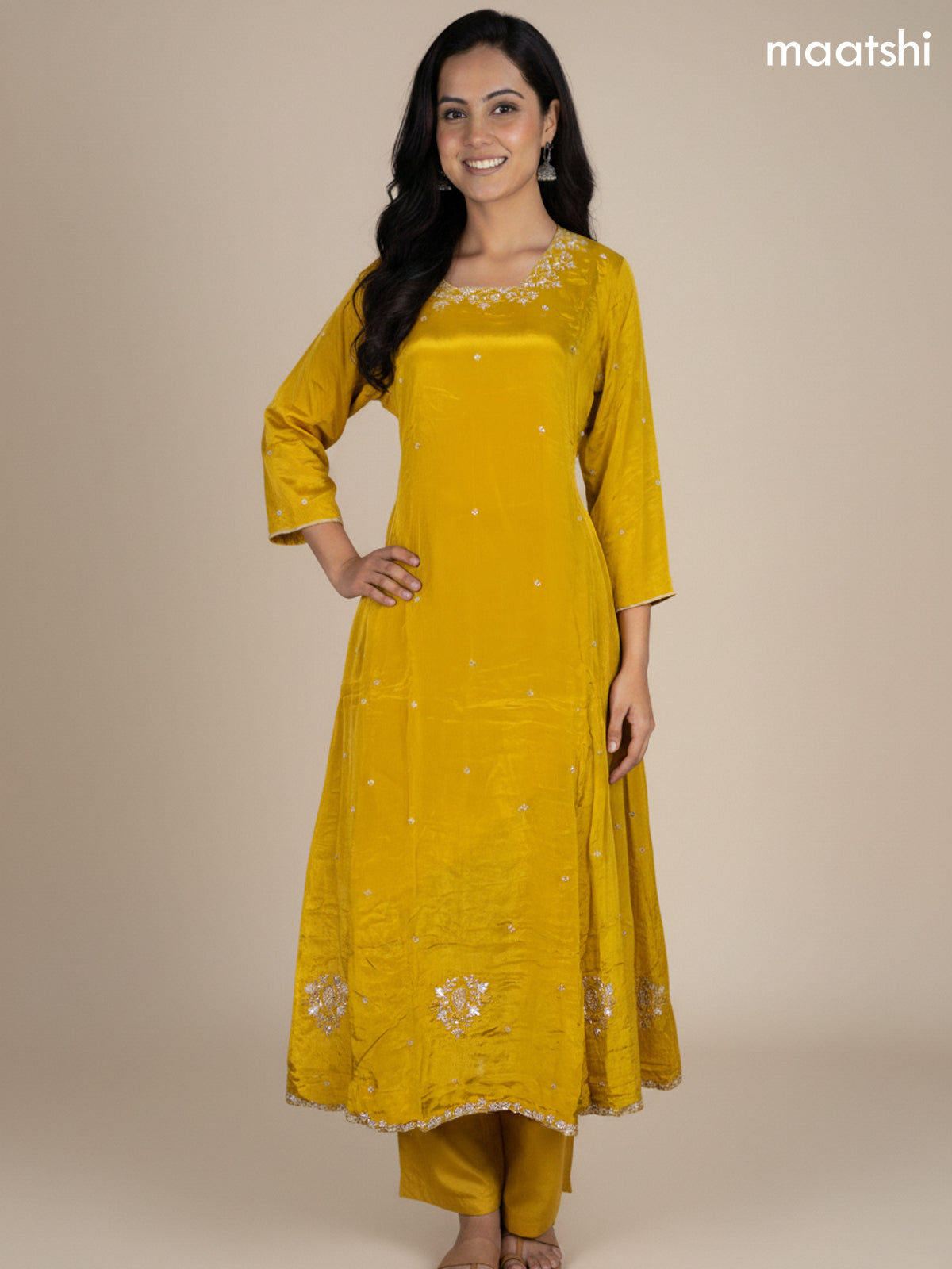 Mustard Yellow Crepe Silk Embroidery Work Anarkali Suit