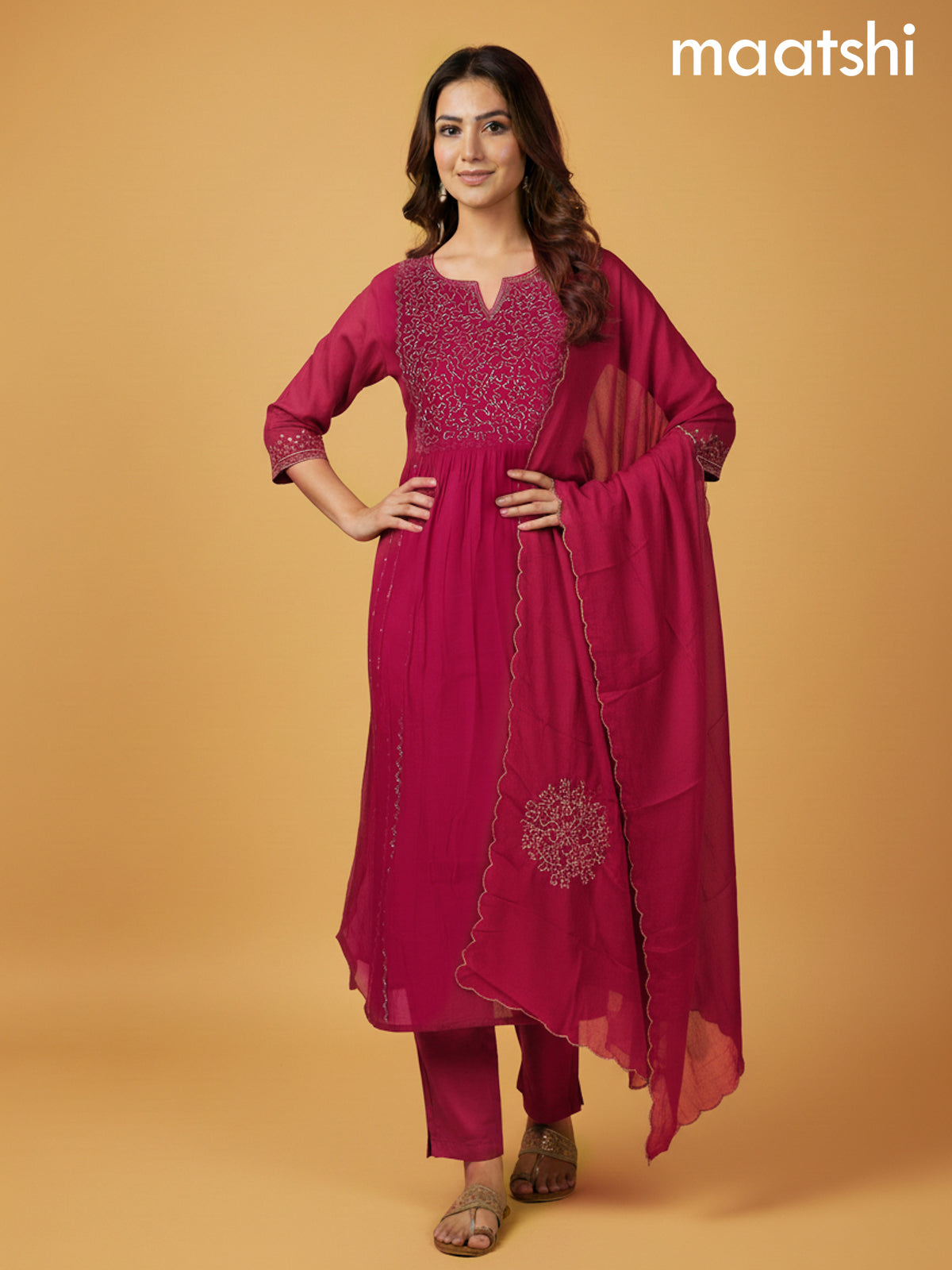 Pink Mul Chanderi Beaded Work Anarkali Suit
