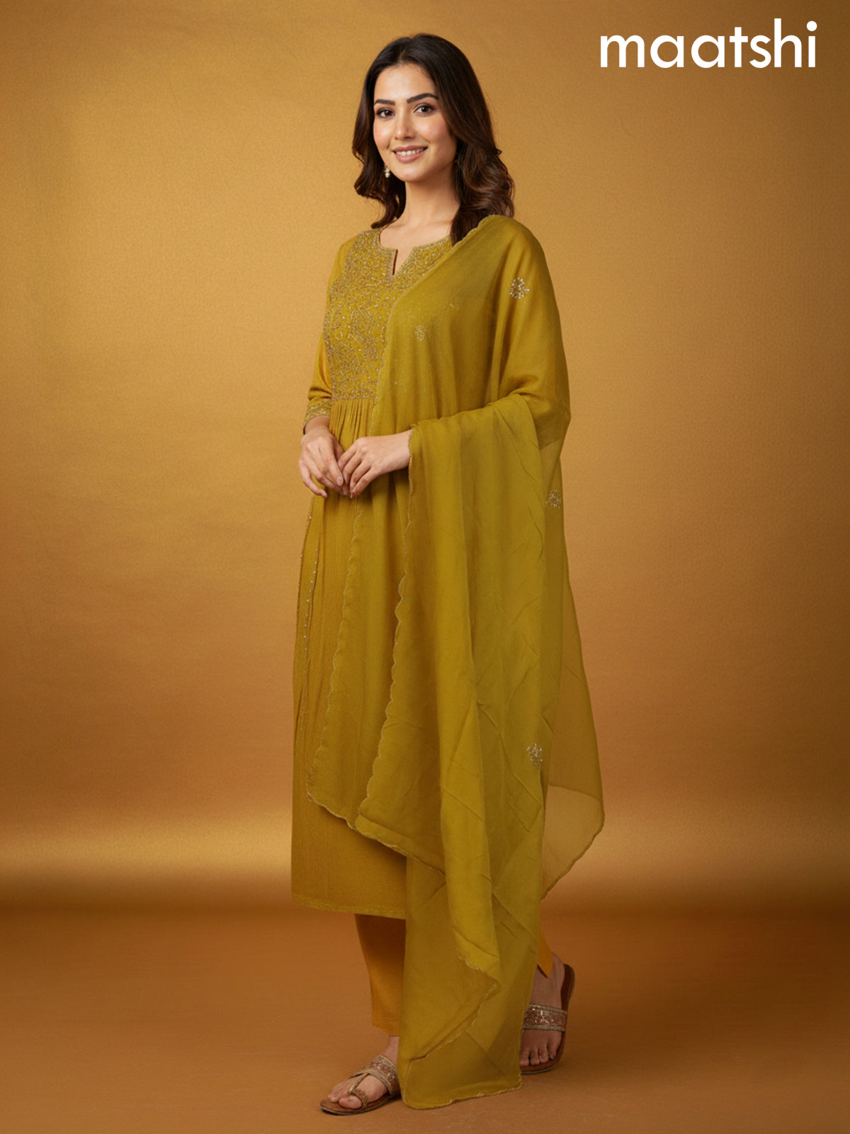 Mustard Yellow Mul Chanderi Beaded Work Anarkali Suit