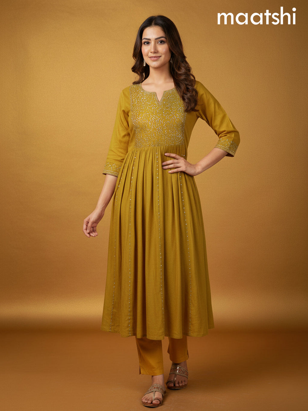 Mustard Yellow Mul Chanderi Beaded Work Anarkali Suit