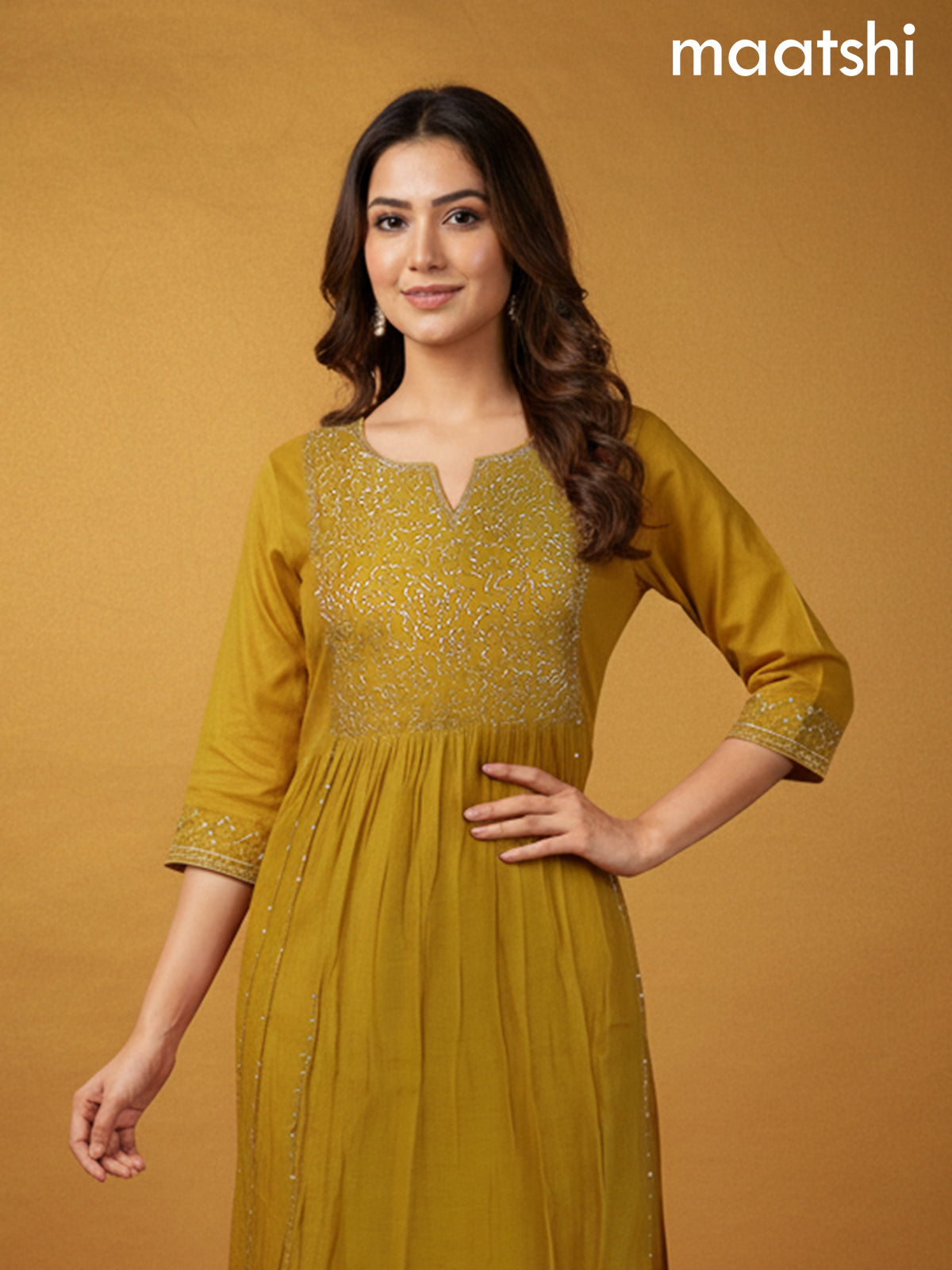 Mustard Yellow Mul Chanderi Beaded Work Anarkali Suit
