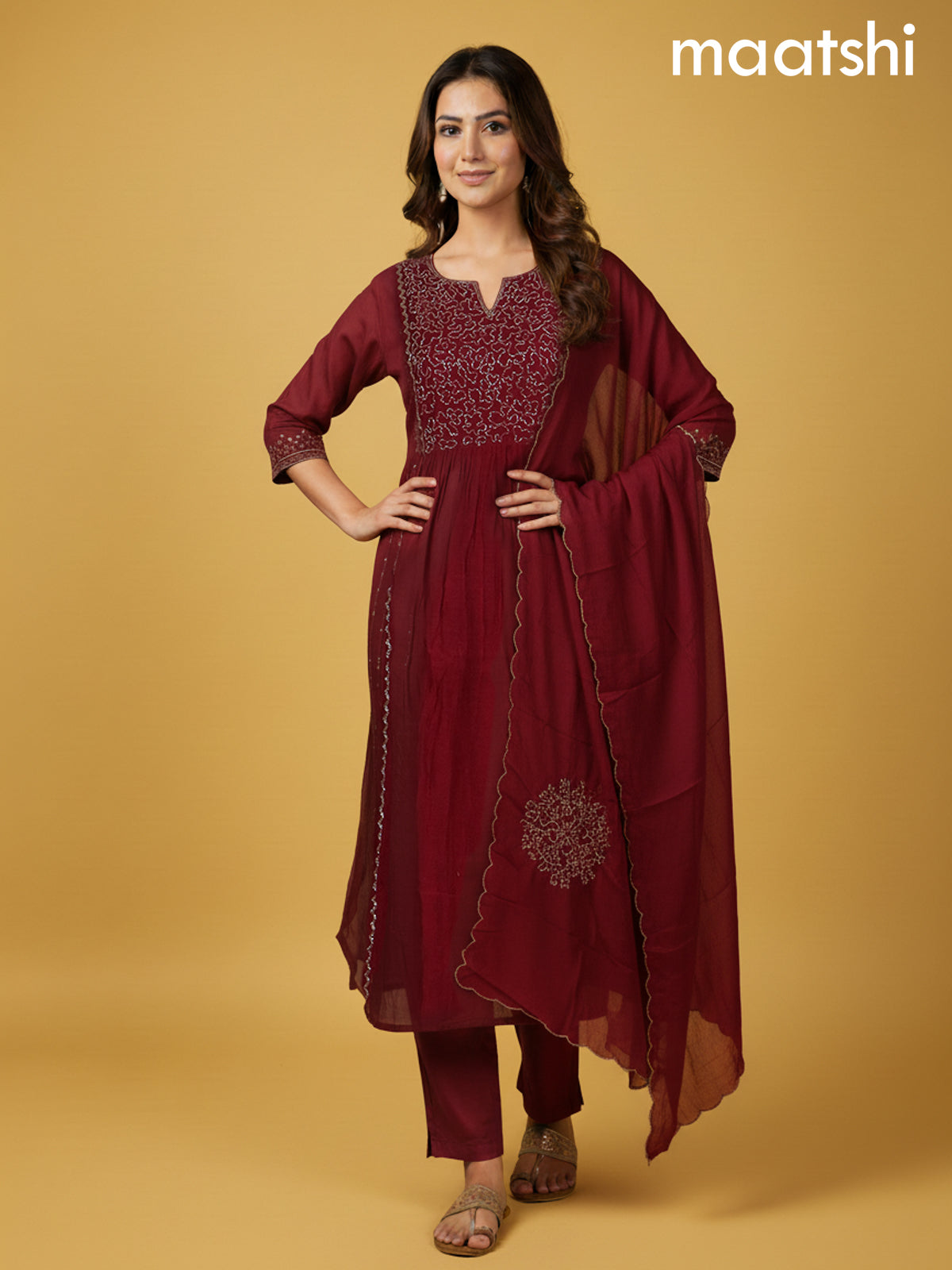 Maroon Mul Chanderi Beaded Work Anarkali Suit