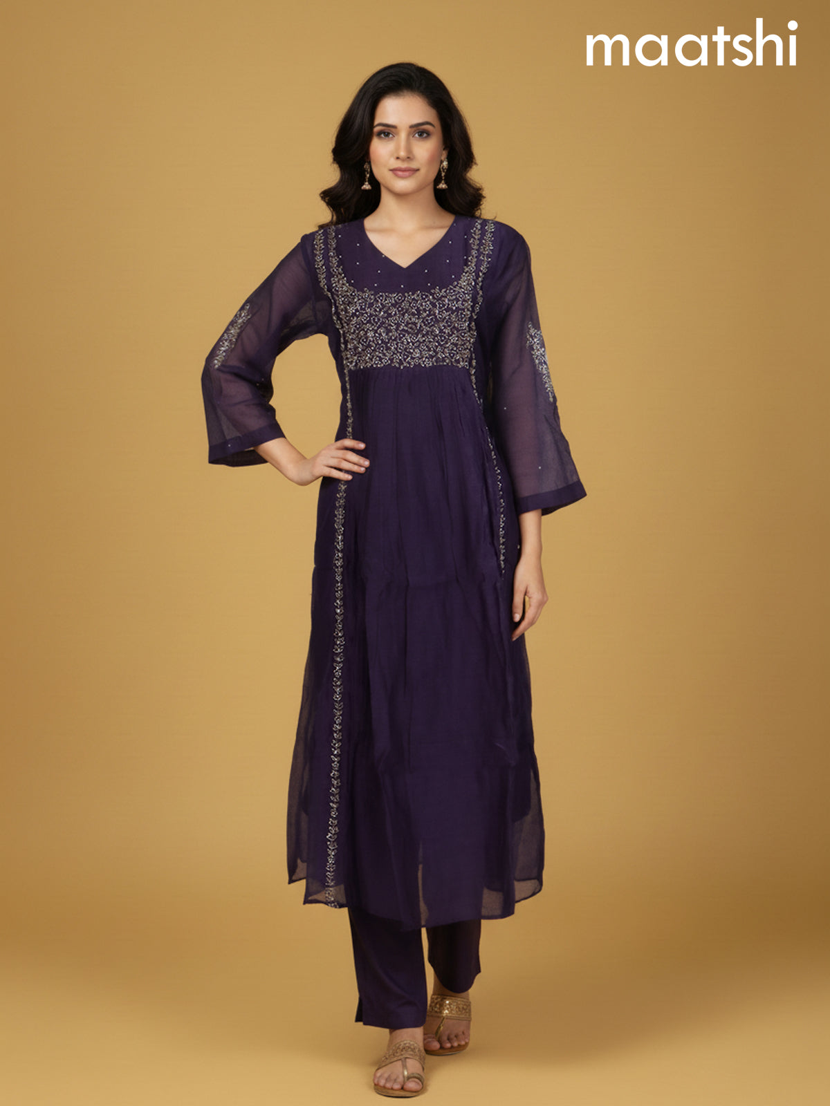 Violet Shade Mul Chanderi Beaded Work Anarkali Suit