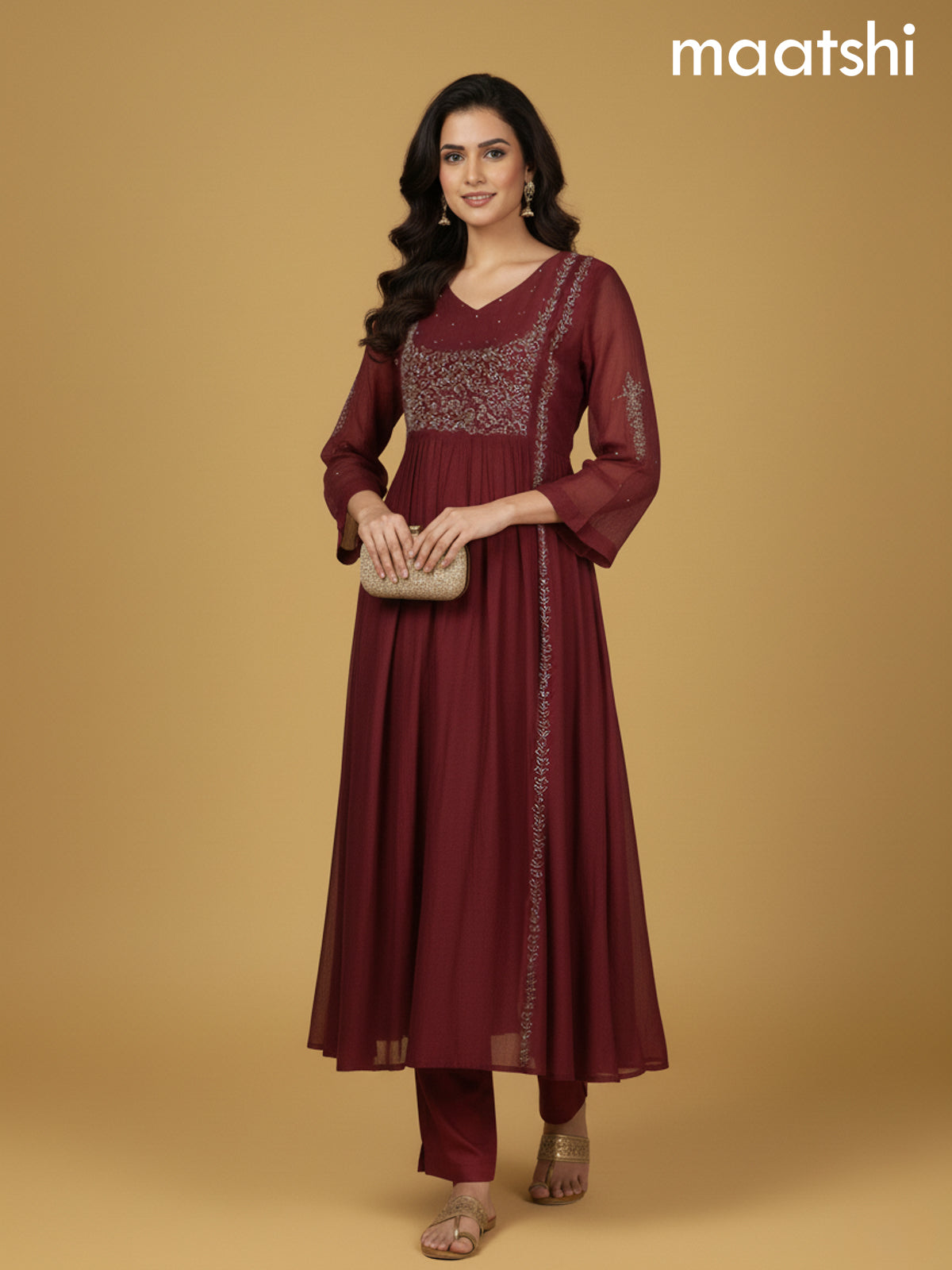 Rustic Maroon Mul Chanderi Beaded Work Anarkali Suit