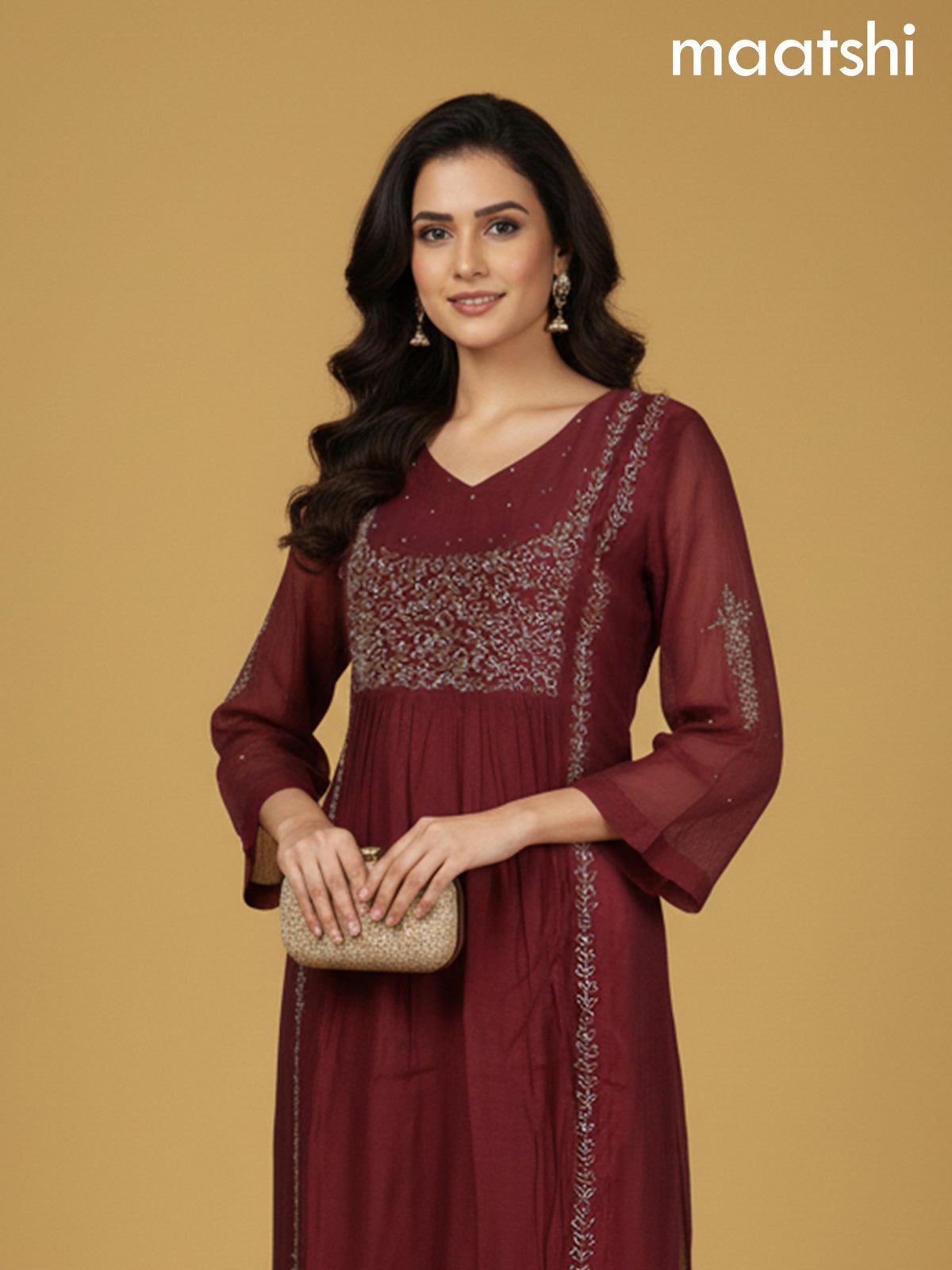 Rustic Maroon Mul Chanderi Beaded Work Anarkali Suit
