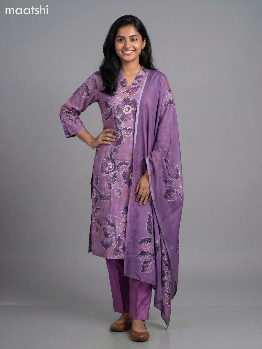 Purple Shade Semi Silk Floral Printed Straight Suit