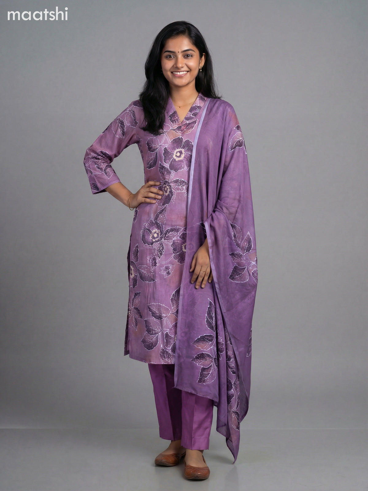 Purple Shade Semi Silk Floral Printed Straight Suit