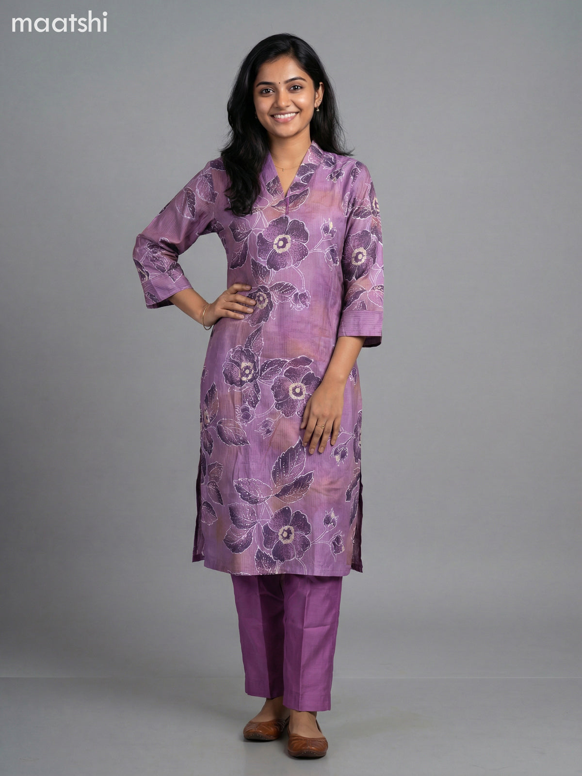 Purple Shade Semi Silk Floral Printed Straight Suit