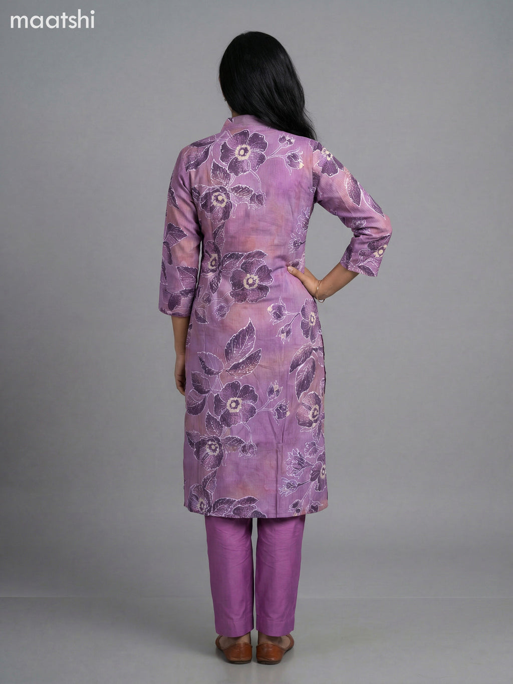 Purple Shade Semi Silk Floral Printed Straight Suit