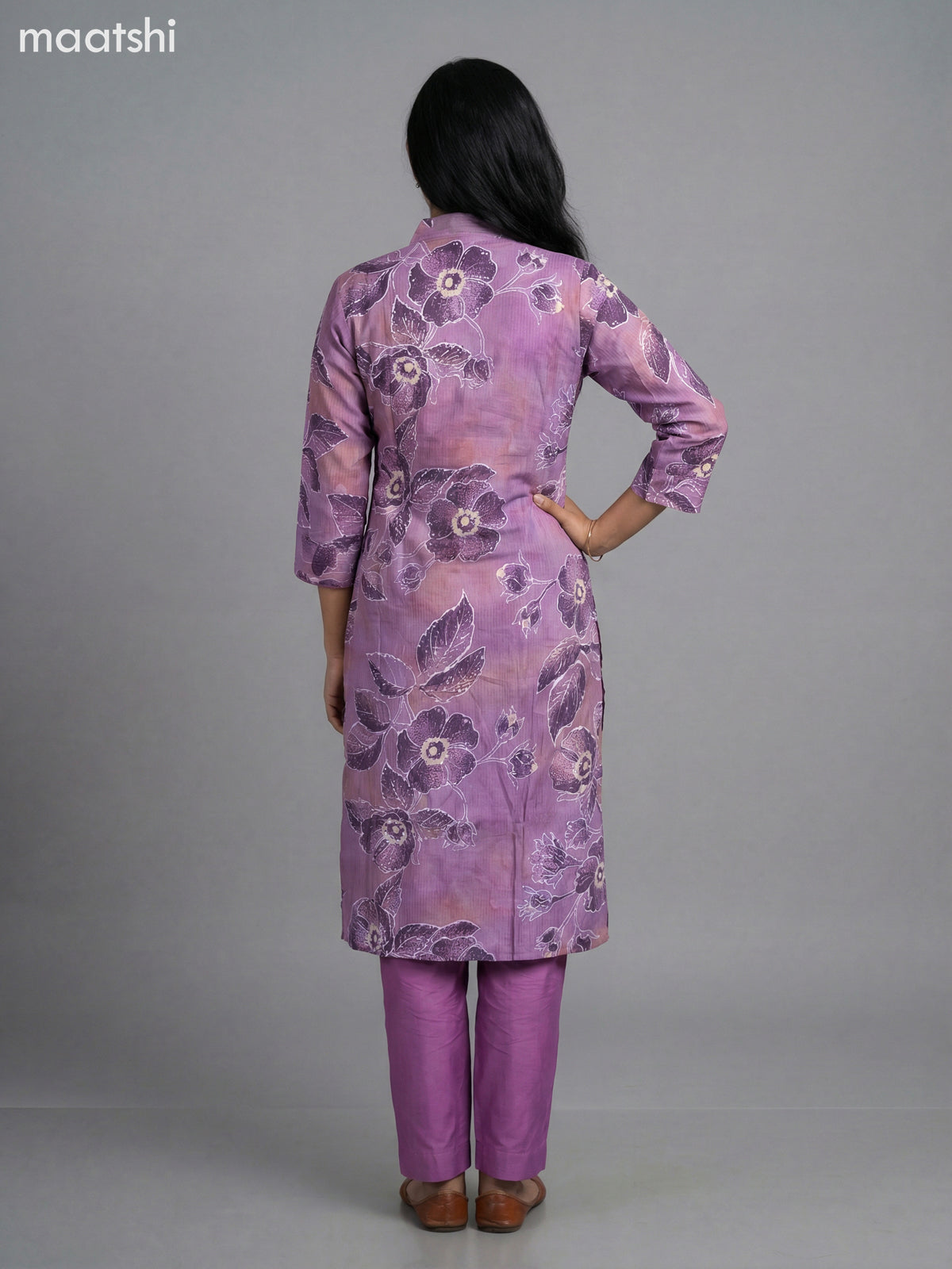 Purple Shade Semi Silk Floral Printed Straight Suit