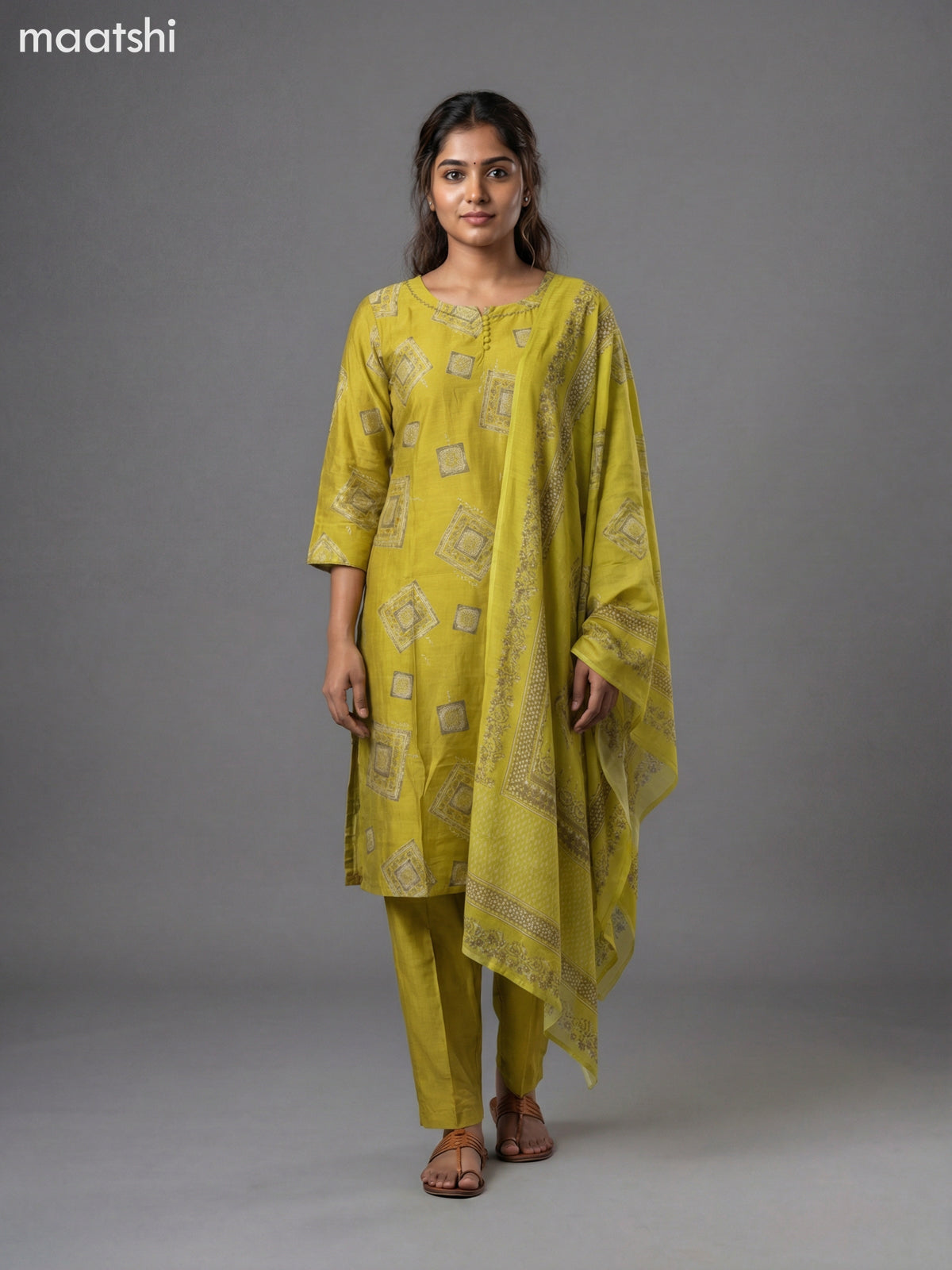 Lime Green Semi Silk Printed Straight Suit
