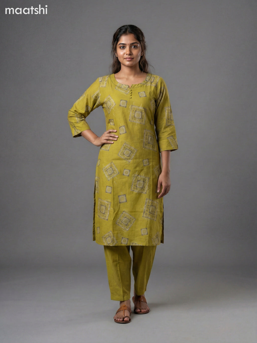 Lime Green Semi Silk Printed Straight Suit